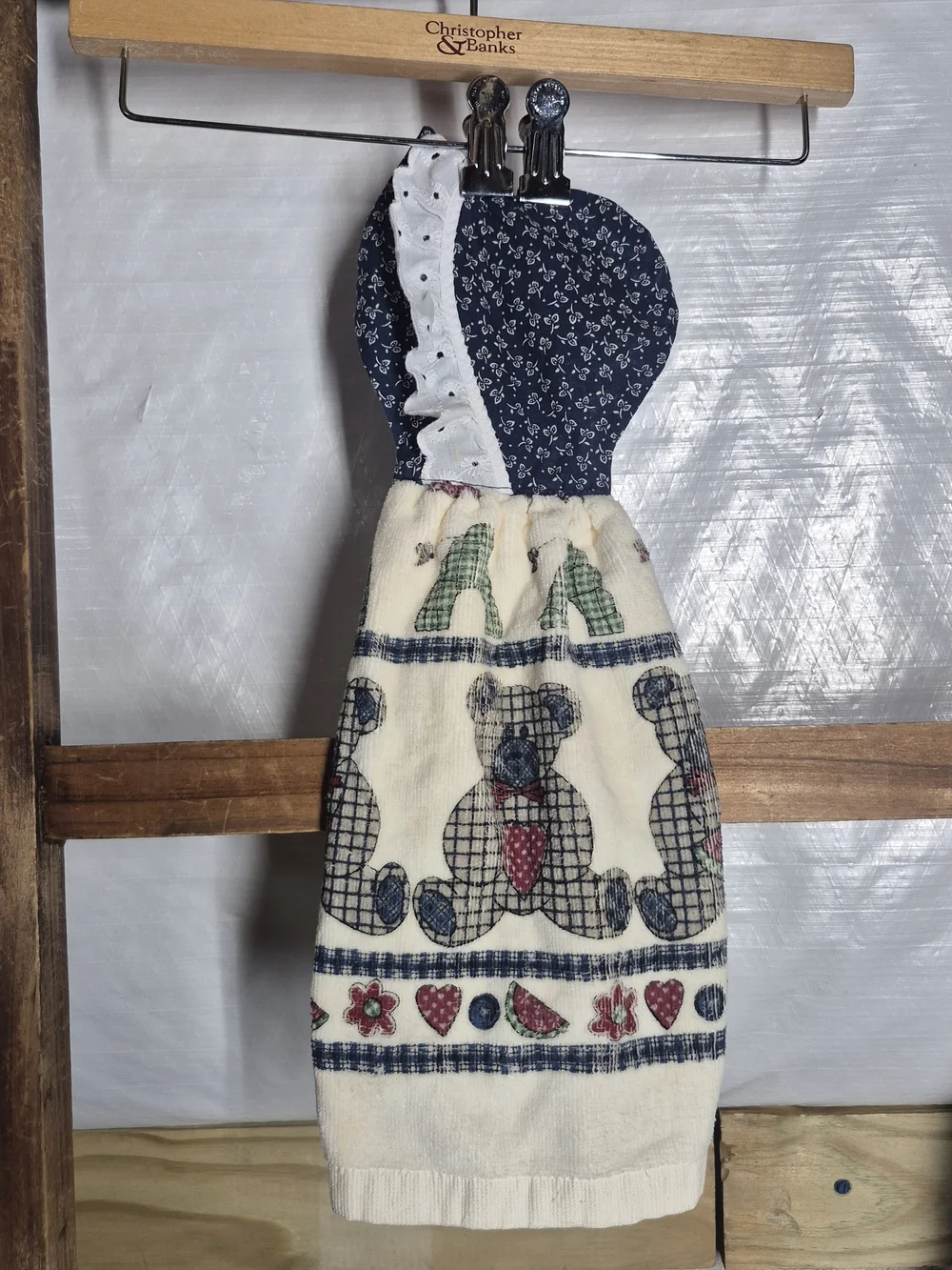 Navy & Cream Hanging Towel with Bear Print and button closure